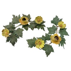 Pair, Antique Italian Floral and Foliate Motif Tole Candle Holders