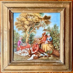 Pair Antique Italian Framed Hand-Painted Porcelain Tiles, circa 1900