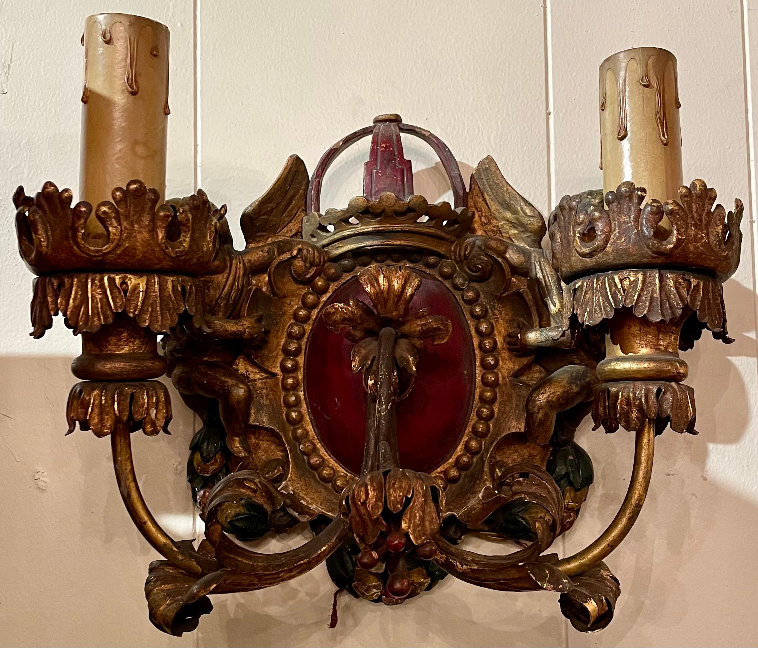Pair Antique Italian Gesso Wall Sconces in a Cherub & Crown Motif, Circa 1900's-1920's.
