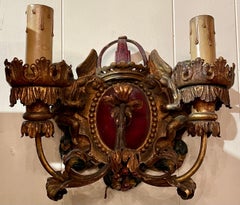 Pair Antique Italian Gesso Wall Sconces in a Cherub & Crown Motif, Circa 1900's.