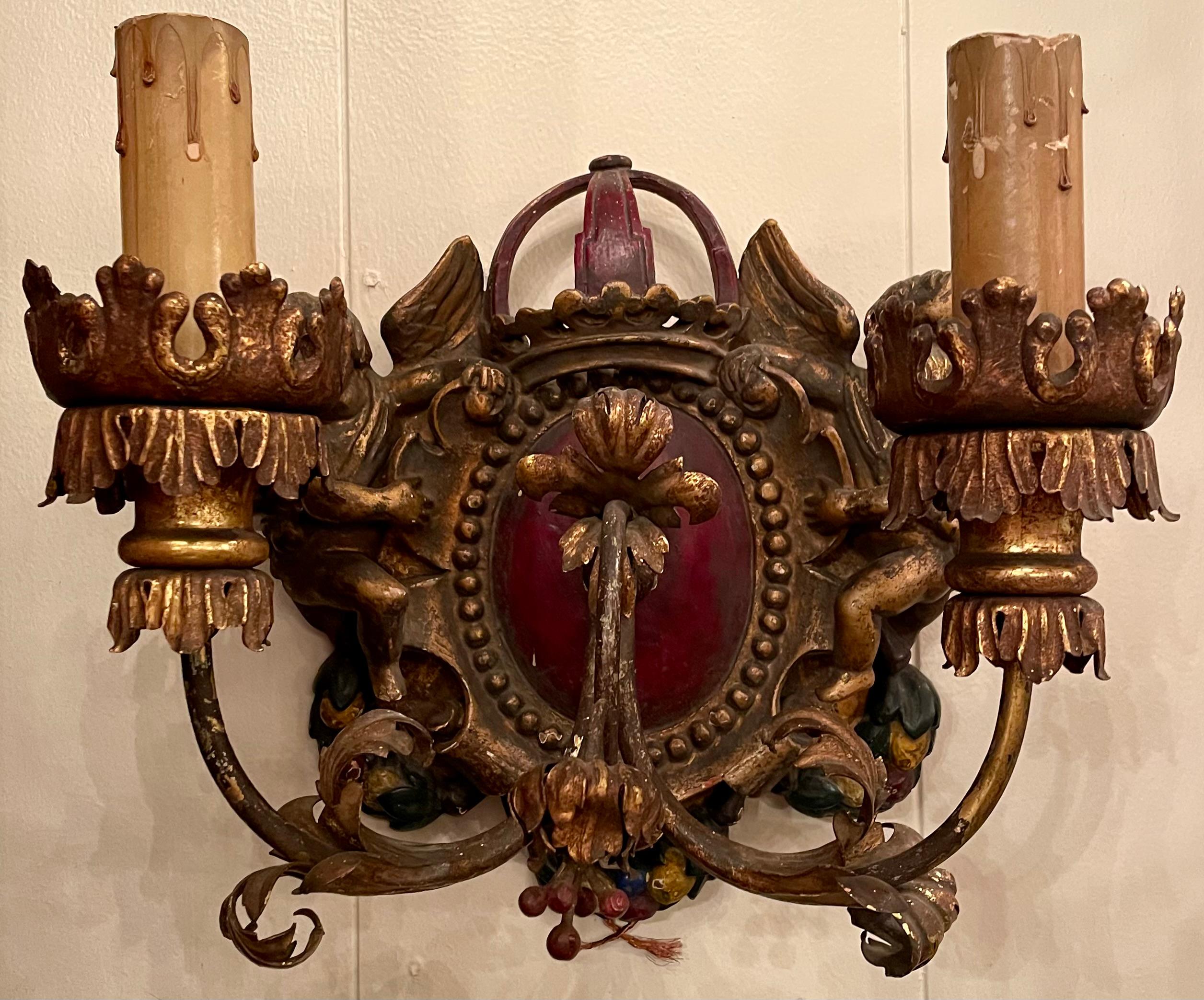 Pair Antique Italian Gesso Wall Sconces in a Cherub & Crown Motif, Circa 1900's. In Good Condition For Sale In New Orleans, LA