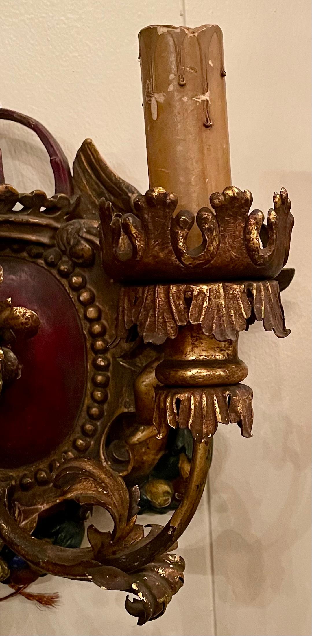 Pair Antique Italian Gesso Wall Sconces in a Cherub & Crown Motif, Circa 1900's. For Sale 2