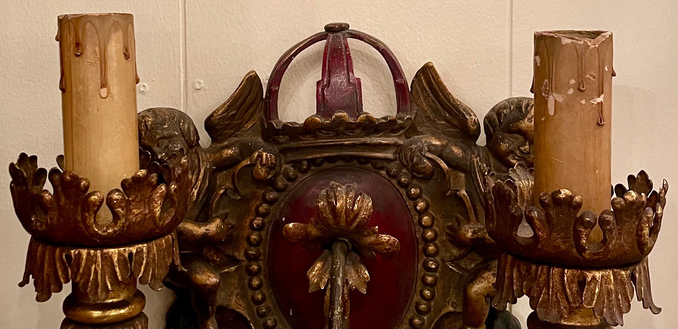 Pair Antique Italian Gesso Wall Sconces in a Cherub & Crown Motif, Circa 1900's. For Sale 3