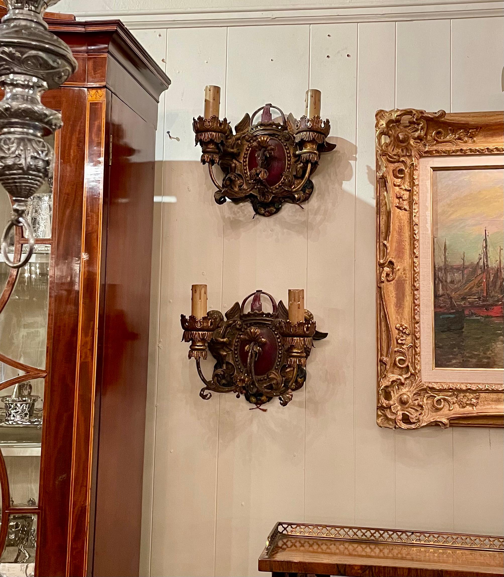 Pair Antique Italian Gesso Wall Sconces in a Cherub & Crown Motif, Circa 1900's. For Sale 4