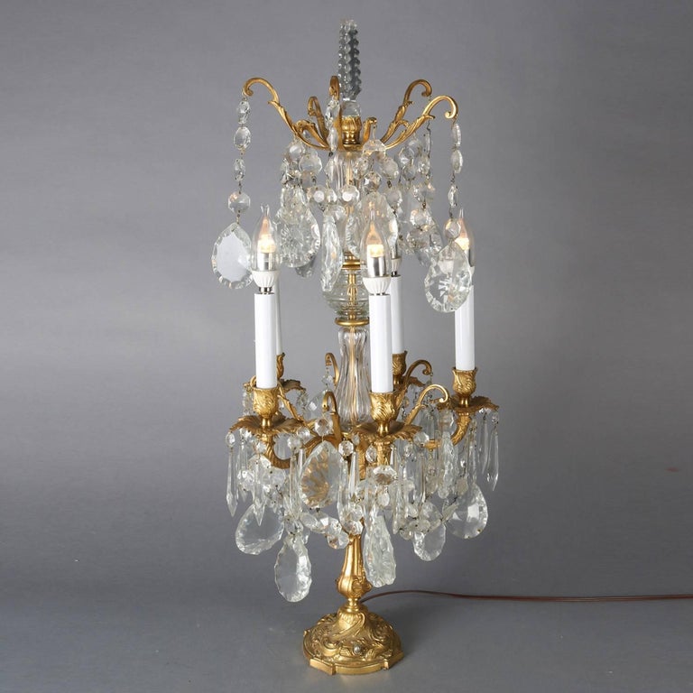 Pair of Italian Gilt Bronze and Cut Crystal Electrified Candelabra