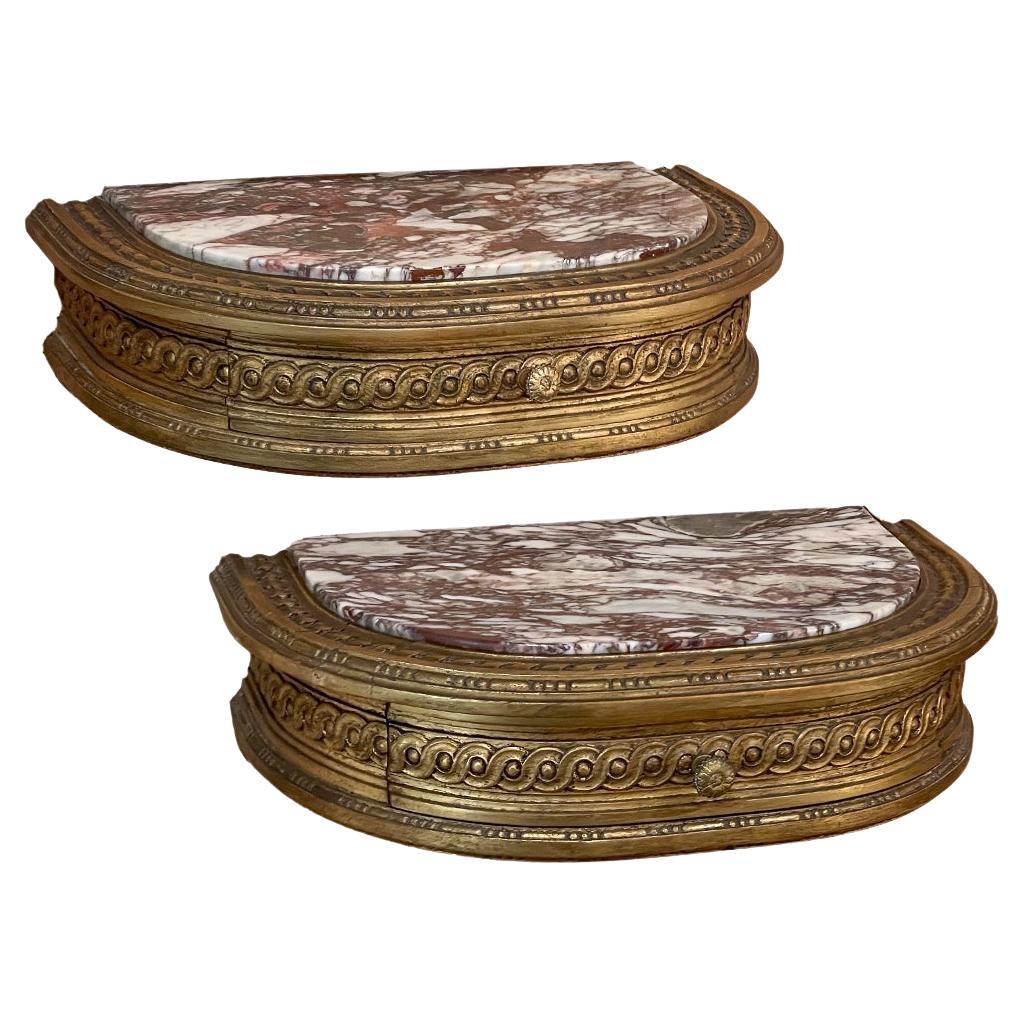 Pair Antique Italian Giltwood Marble Top Wall-Mount Nightstands, Consoles  For Sale at 1stDibs