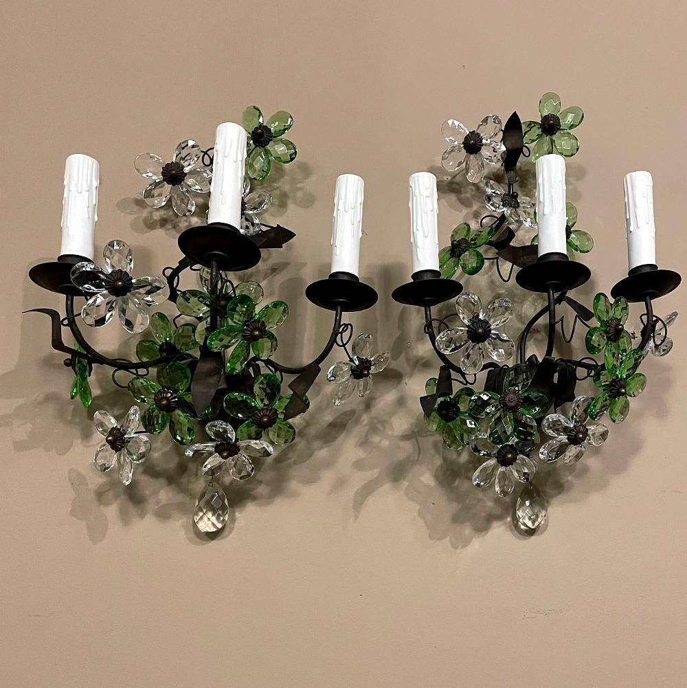 Pair antique Italian hand-made crystal & brass wall sconces will add a delightful and colorful accent to any room! Exquisite hand-cut crystals abound from the flowers emanating from the top to the teardrop pendant below. Half of the flowers feature