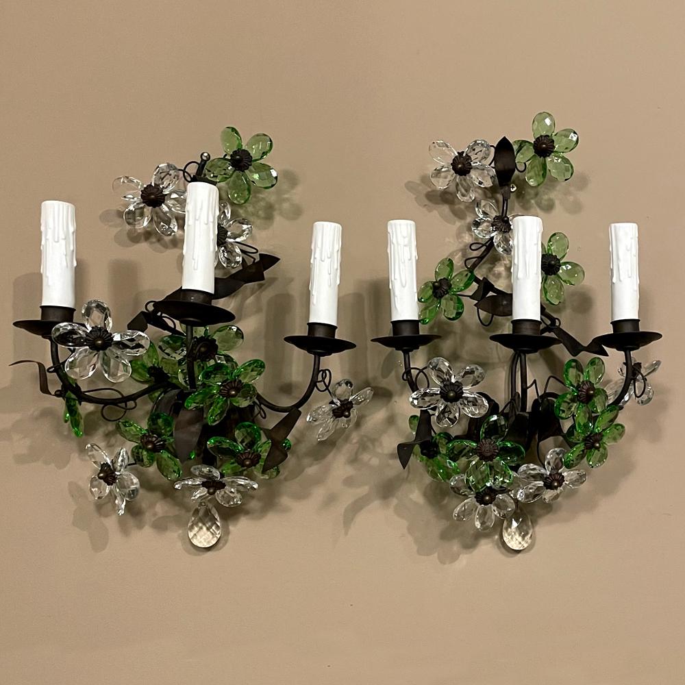 Beaux Arts Pair Antique Italian Hand-Made Crystal & Brass Wall Sconces