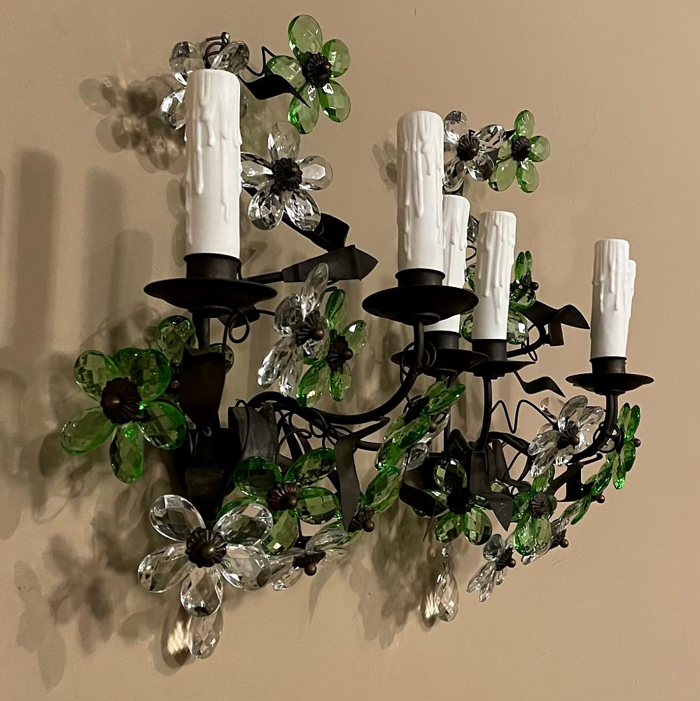 Pair Antique Italian Hand-Made Crystal & Brass Wall Sconces In Good Condition In Dallas, TX