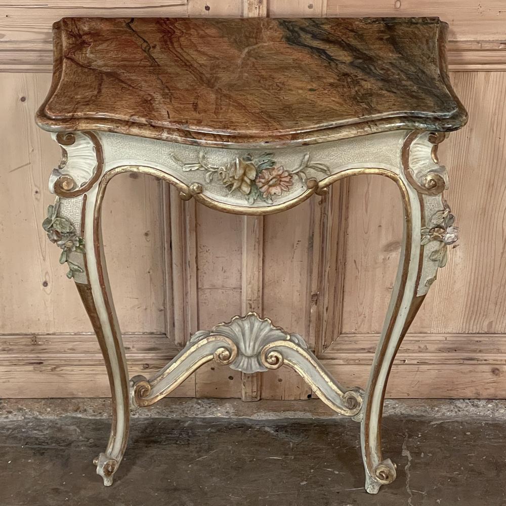Pair Antique Italian Hand-Painted Consoles with Faux Marble In Good Condition For Sale In Dallas, TX