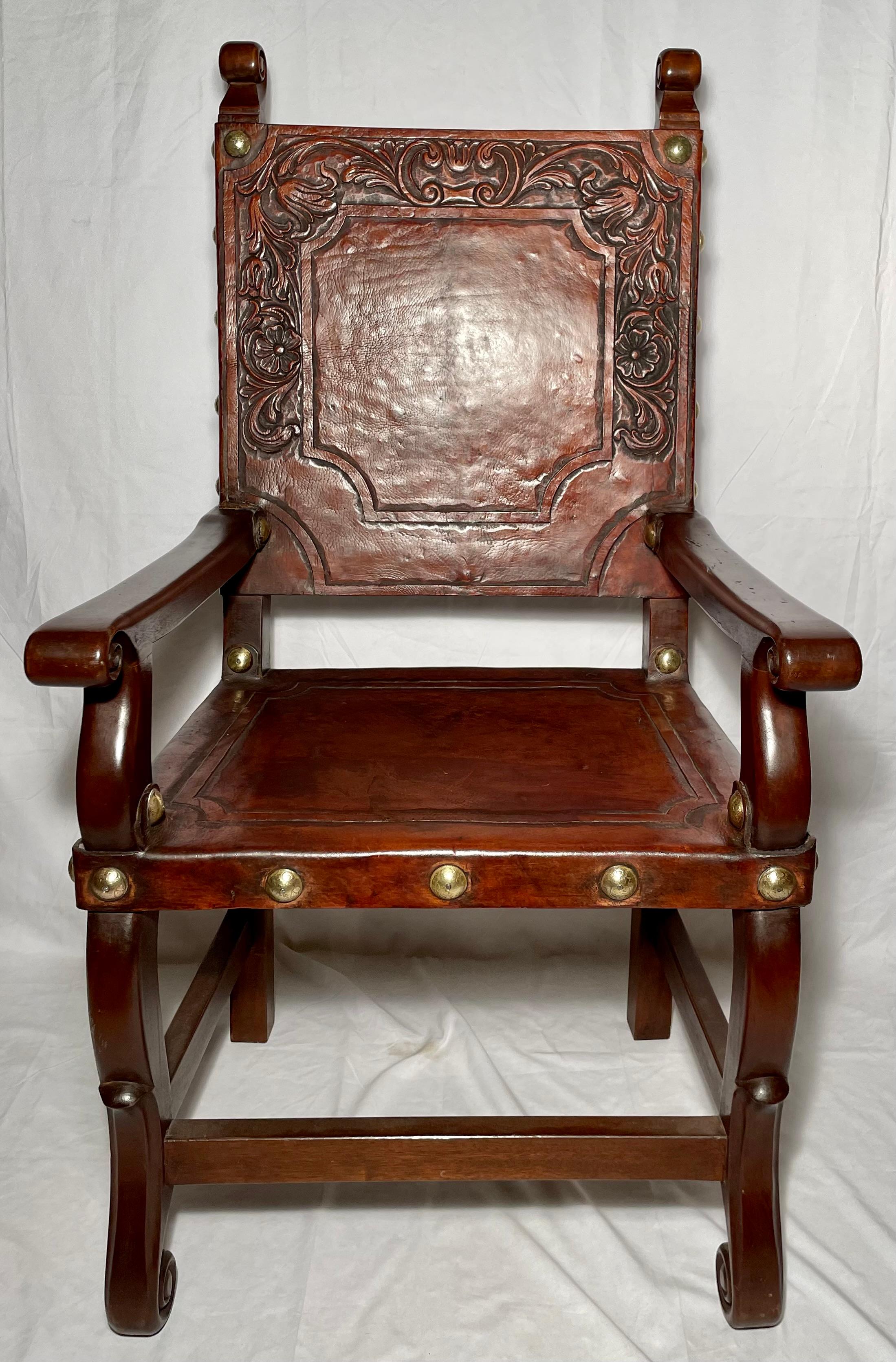 Pair antique Italian leather armchairs.