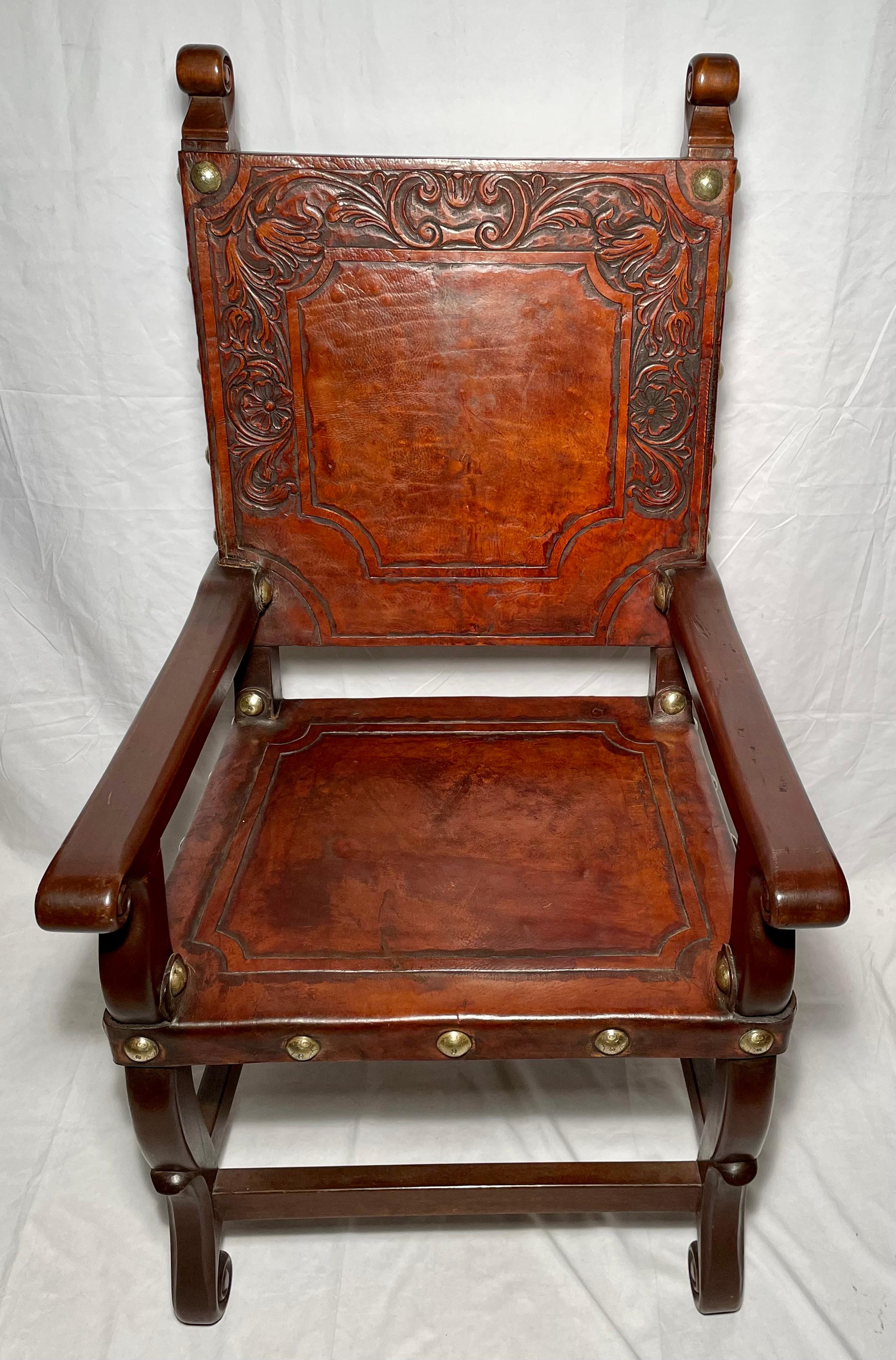 Pair Antique Italian Leather Armchairs In Good Condition For Sale In New Orleans, LA