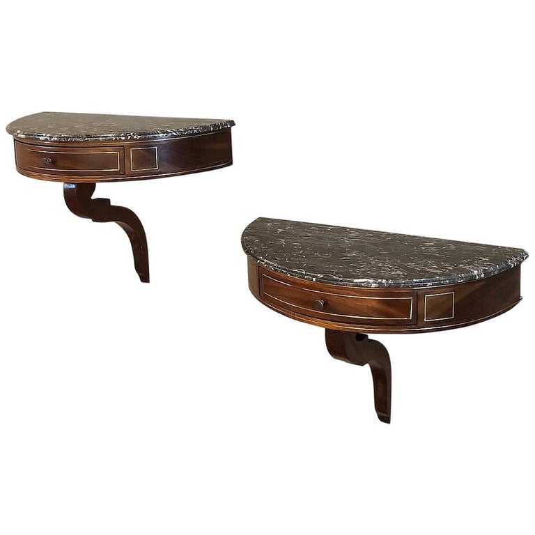 Pair of Antique Italian Mahogany Marble Top Demilune Nightstands