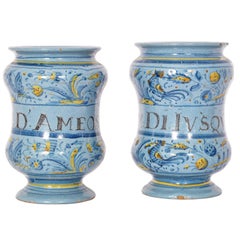 Pair Antique Italian Maiolica Pottery Albarelli Medicine Apothecary Jars 1650