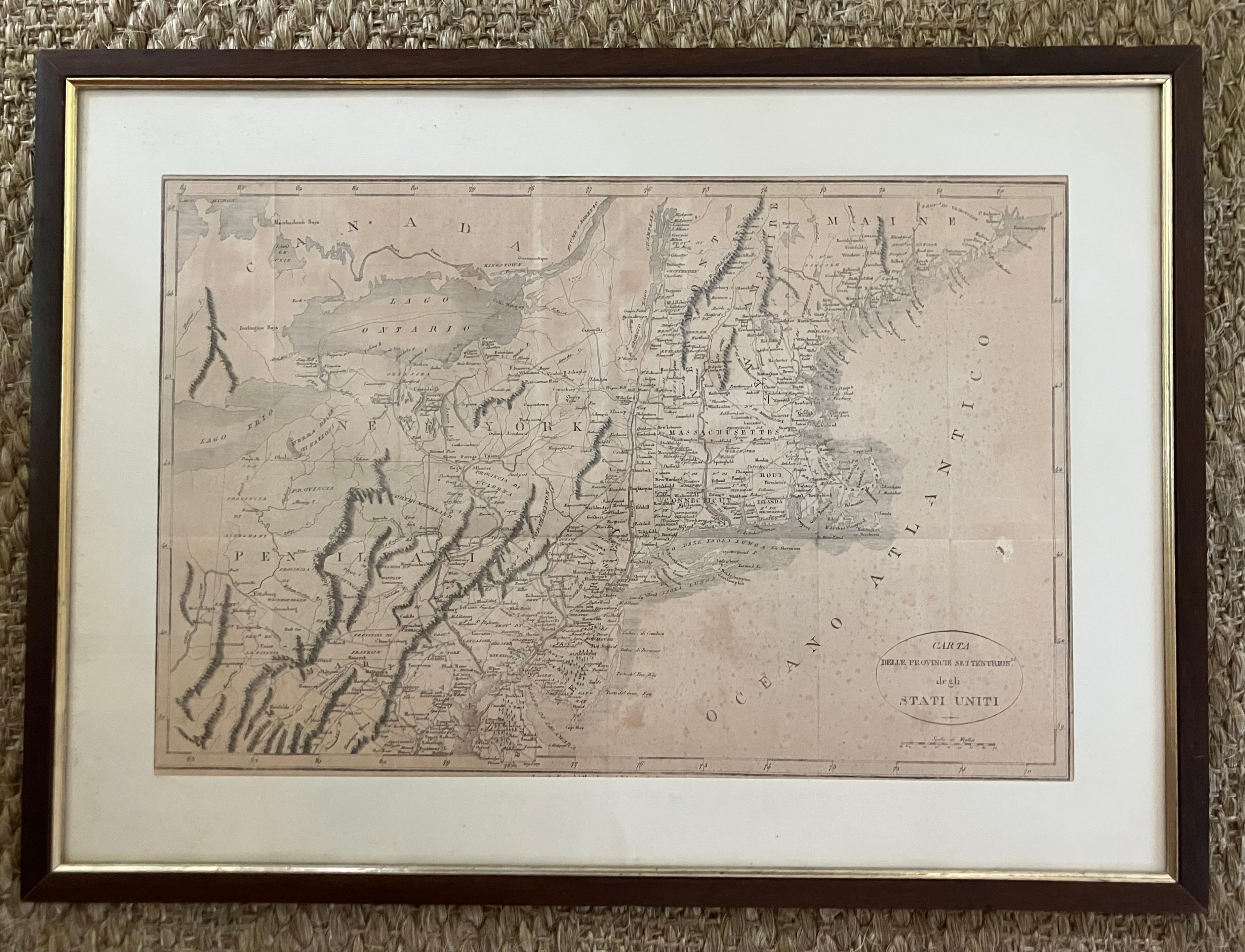 Pair antique Italian maps of the North American Eastern Seaboard. Late 18th early 19th century original Italian documentation of the East Coast of the United States from Passamaquaddy Bay at the tip of Maine to the City of Savannah in Georgia. The
