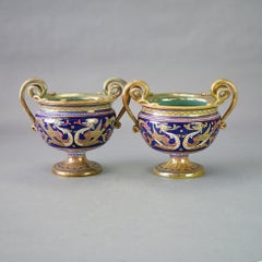 Pair Antique Italian Neoclassical Luster Finish Pottery Urns with Dragons C1910