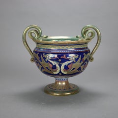 Pair Antique Italian Neoclassical Luster Finish Pottery Urns with Dragons c1910