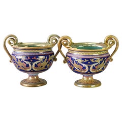 Pair Antique Italian Neoclassical Luster Finish Pottery Urns with Dragons C1910