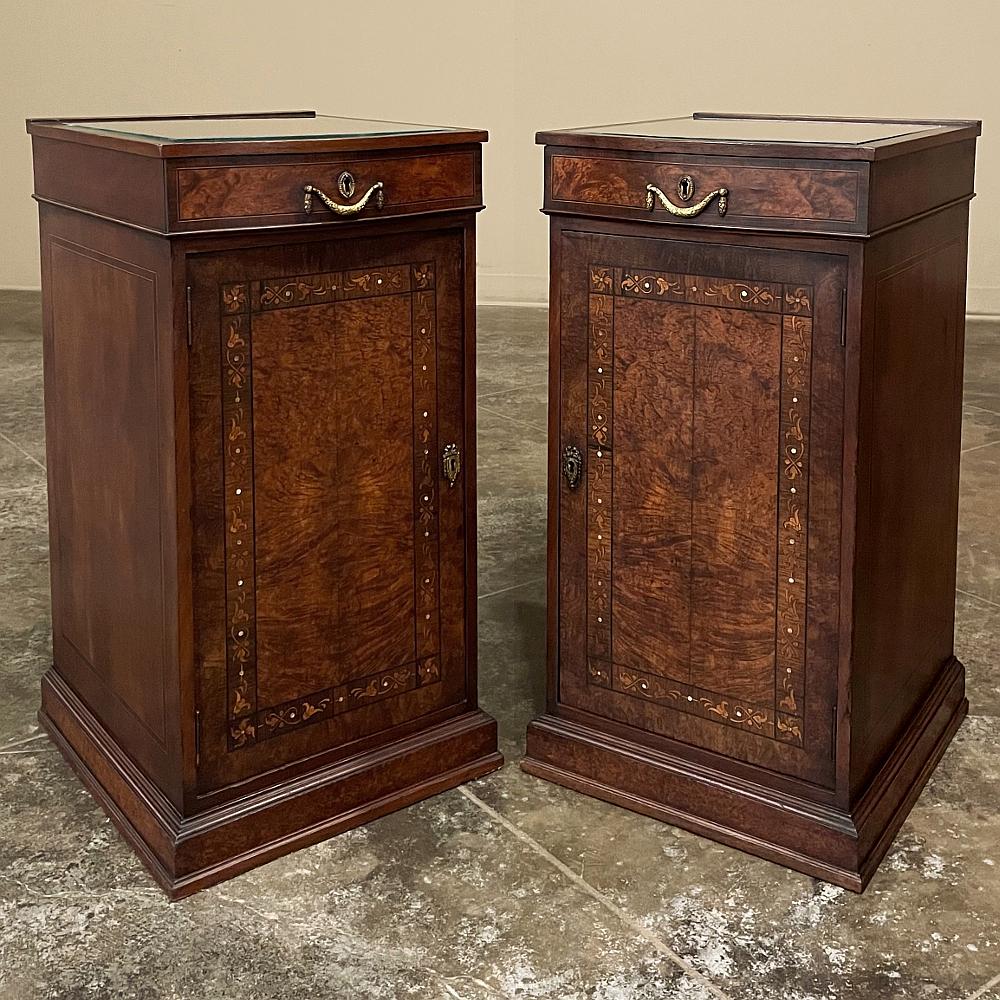 20th Century Pair Antique Italian Neoclassical Mahogany Marquetry Nightstands