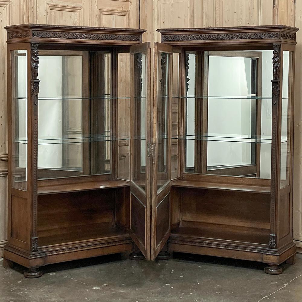PAIR Antique Italian Renaissance Walnut Bookcases ~ Vitrines are a splendid find, and ideal for creating symmetry and Old World ambiance in any room!  Hand-crafted from solid Italian walnut and embellished with carvings and panels sculpted from