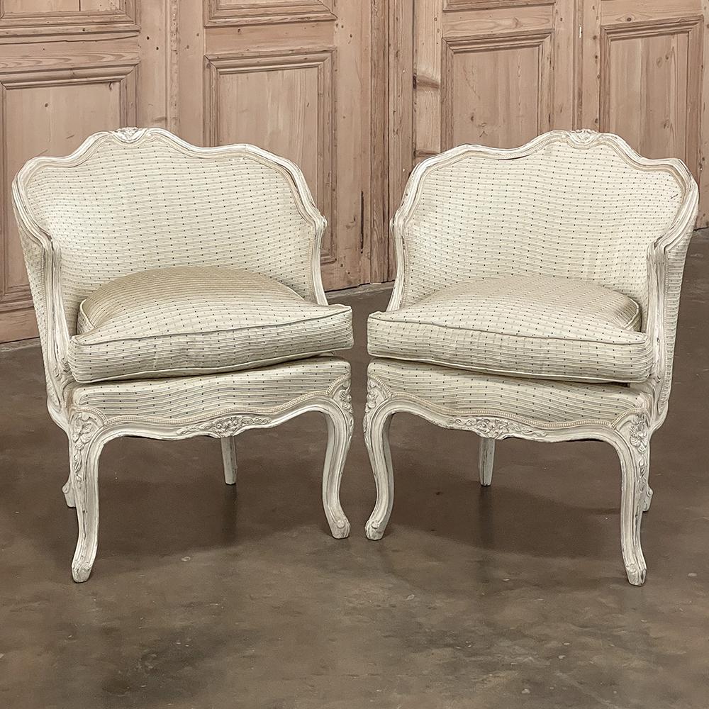 Hand-Carved Pair Antique Italian Painted Petite Armchairs For Sale