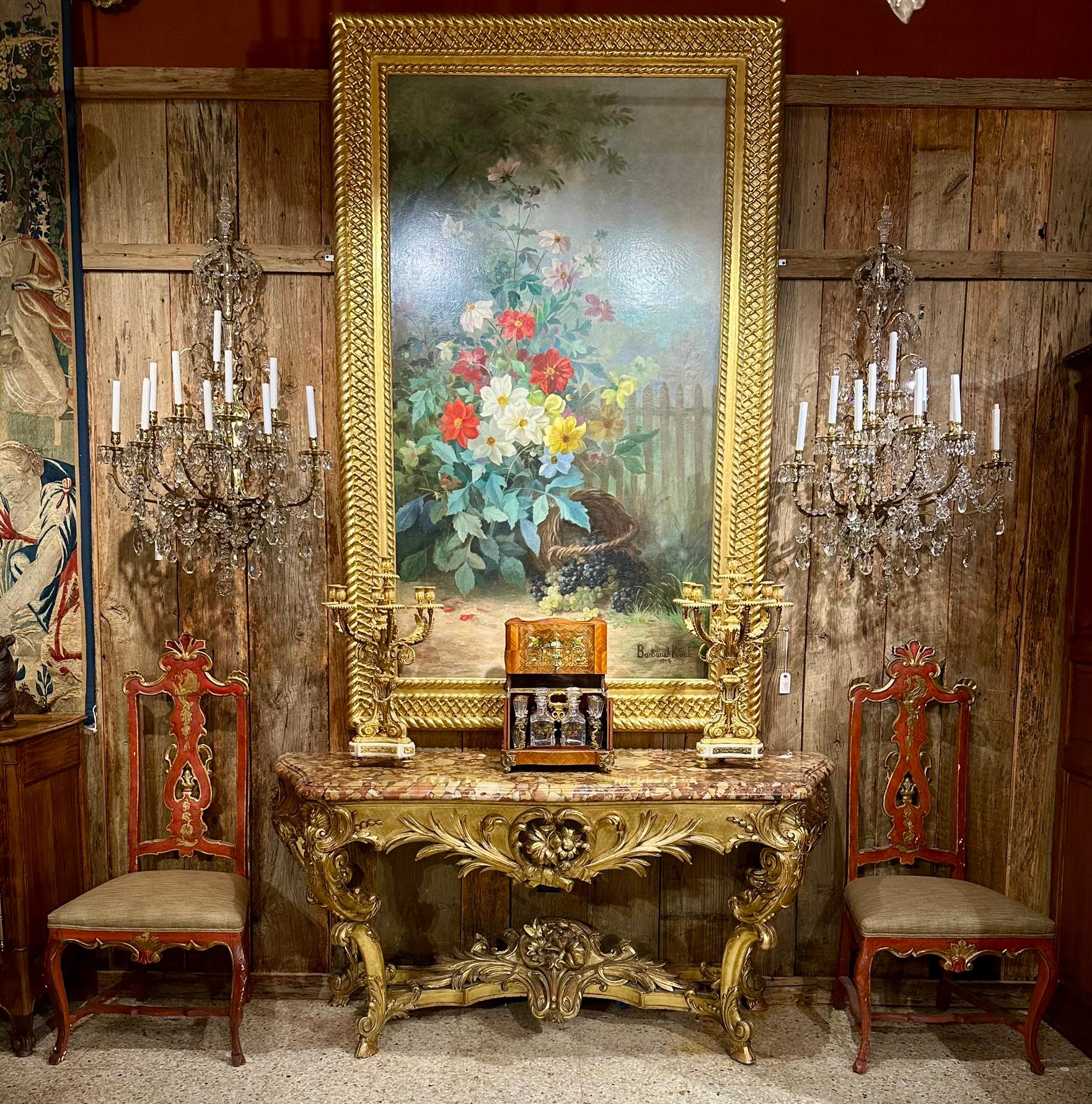 Pair Antique Italian Red & Gold Painted Chinoiserie Style Side Chairs Circa 1890 For Sale 6