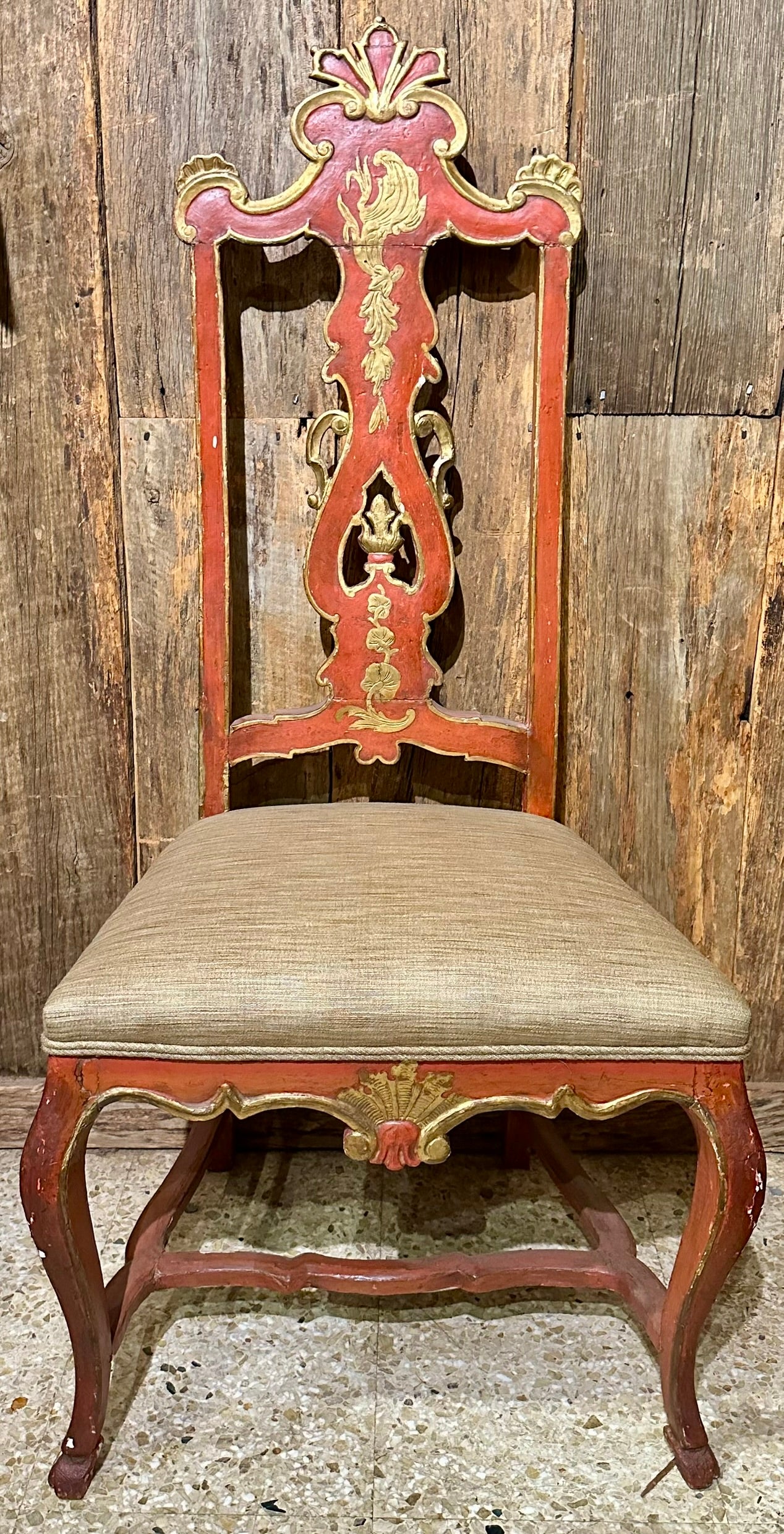 Pair Antique Italian Red & Gold Painted Chinoiserie Style Side Chairs, Circa 1890's.