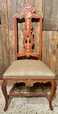 Pair Antique Italian Red & Gold Painted Chinoiserie Style Side Chairs Circa 1890