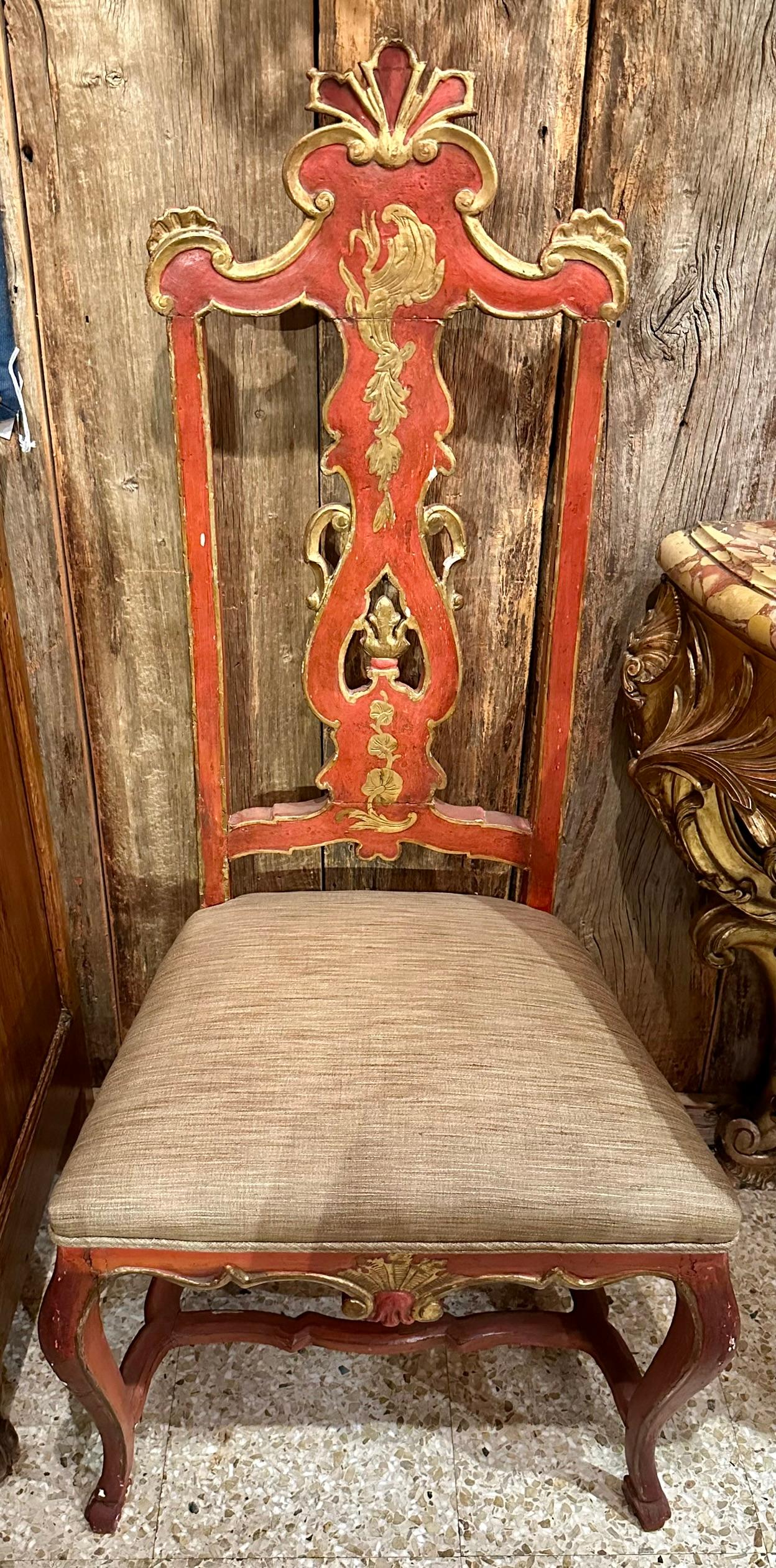 Pair Antique Italian Red & Gold Painted Chinoiserie Style Side Chairs Circa 1890 In Good Condition For Sale In New Orleans, LA