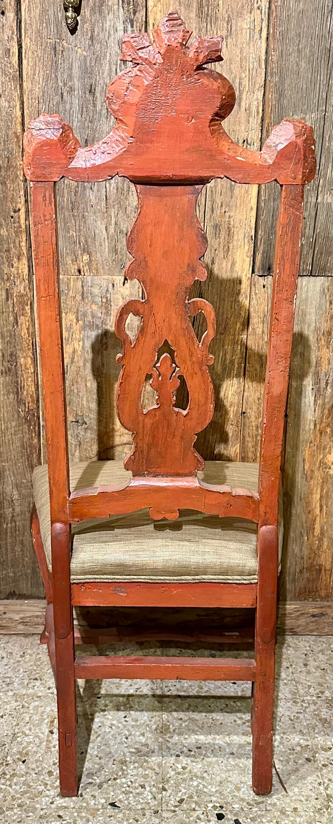 Upholstery Pair Antique Italian Red & Gold Painted Chinoiserie Style Side Chairs Circa 1890 For Sale