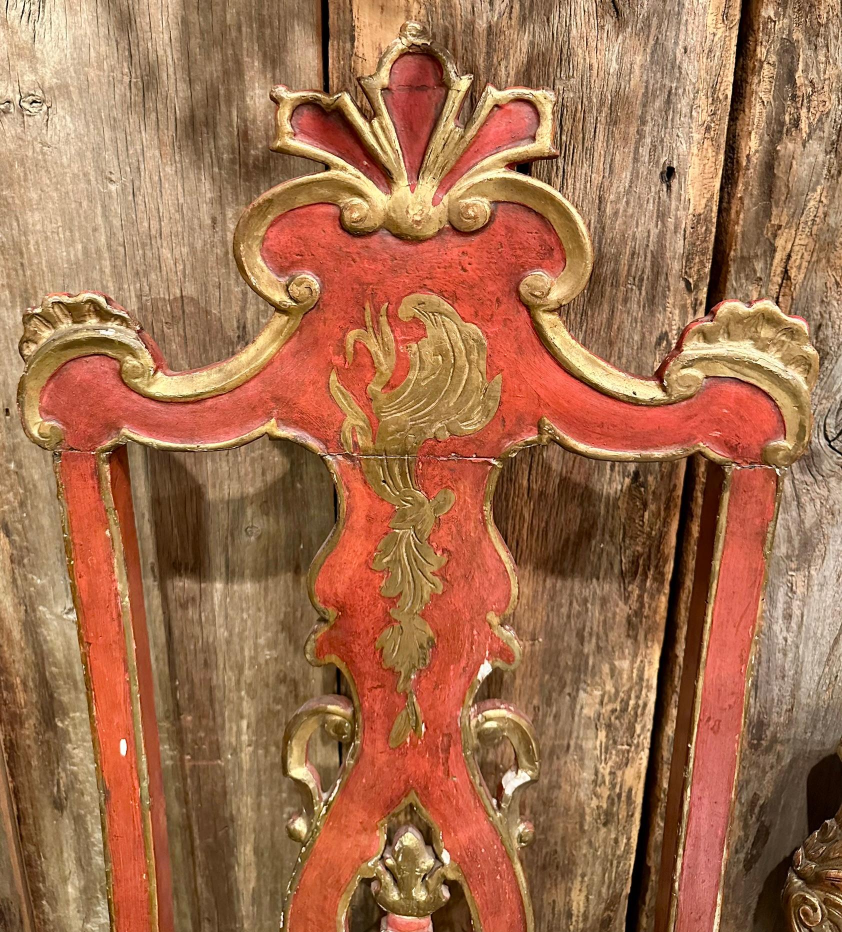 Pair Antique Italian Red & Gold Painted Chinoiserie Style Side Chairs Circa 1890 For Sale 1