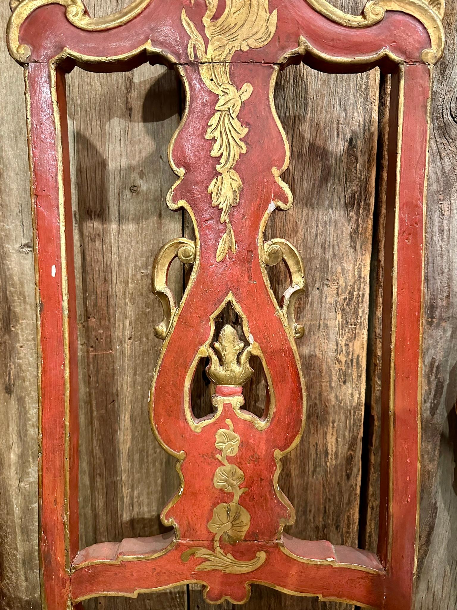 Pair Antique Italian Red & Gold Painted Chinoiserie Style Side Chairs Circa 1890 For Sale 2
