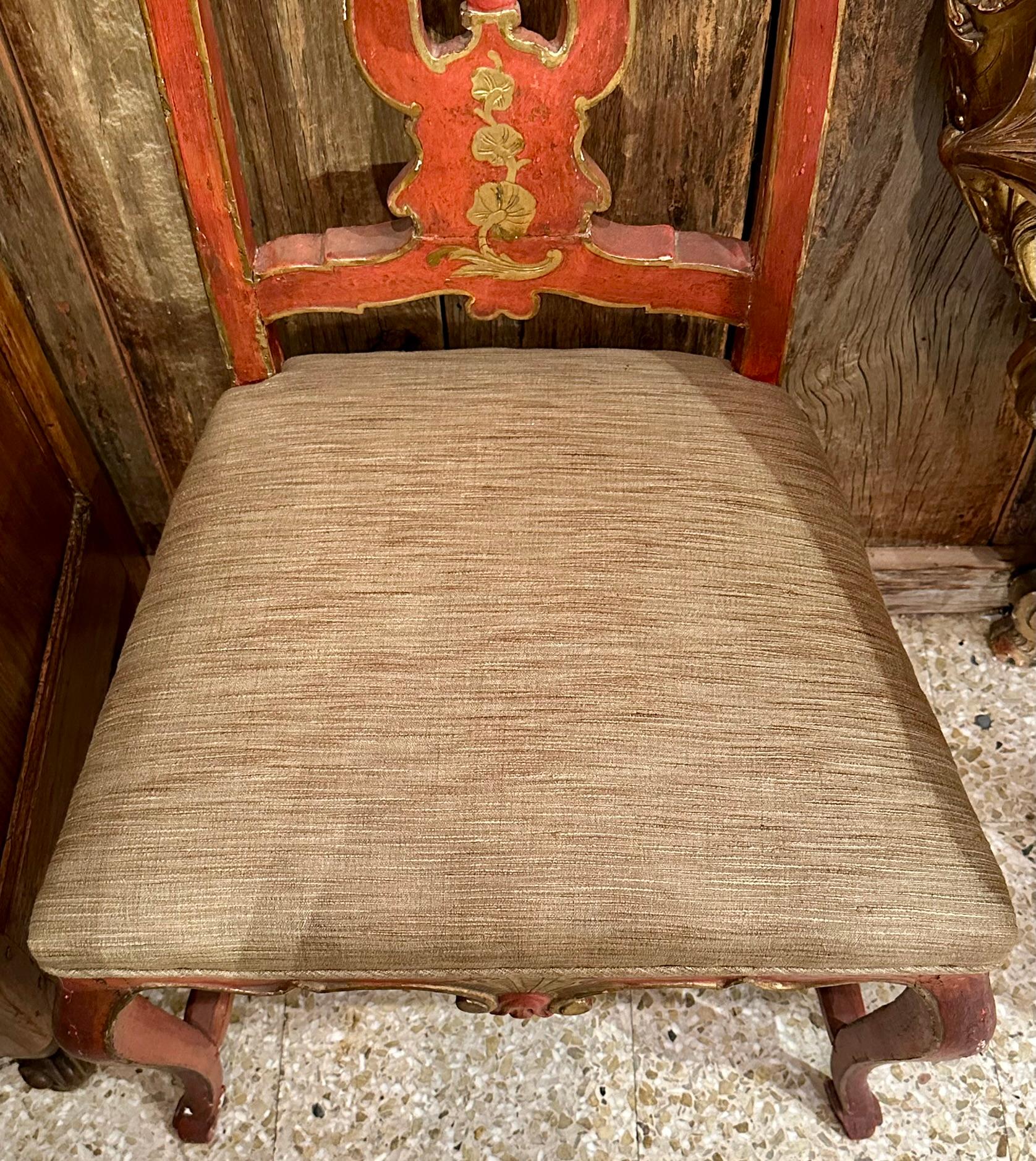 Pair Antique Italian Red & Gold Painted Chinoiserie Style Side Chairs Circa 1890 For Sale 4