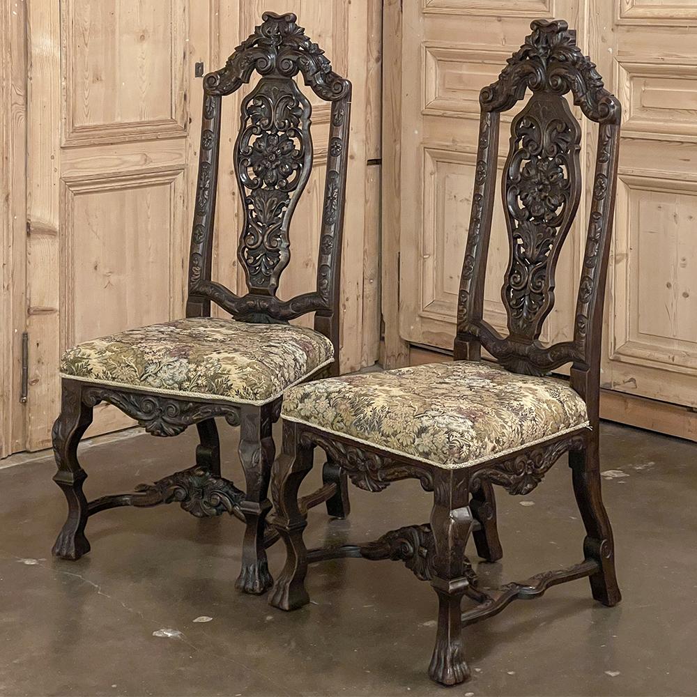 Hand-Carved Pair Antique Italian Renaissance Side Chairs For Sale
