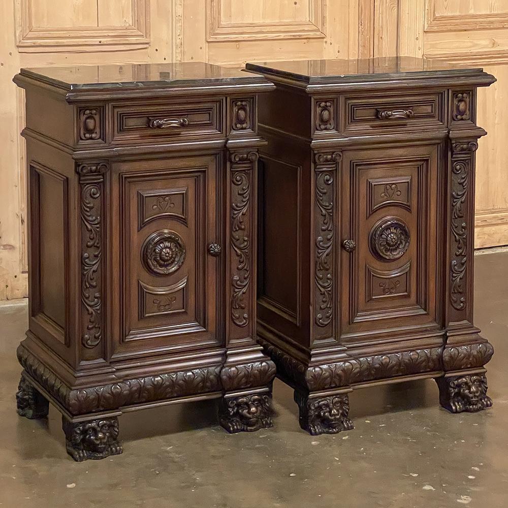 Pair Antique Italian Renaissance walnut marble top nightstands bring the splendor of the Renaissance Revival together with sumptuous walnut and elegant Italian black marble with gold veining to create a stunning combination! Somewhat larger in size