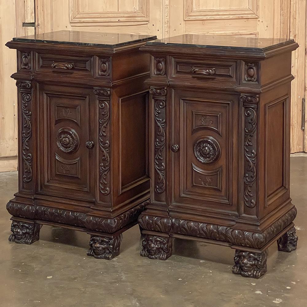 Hand-Carved Pair Antique Italian Renaissance Walnut Marble Top Nightstands