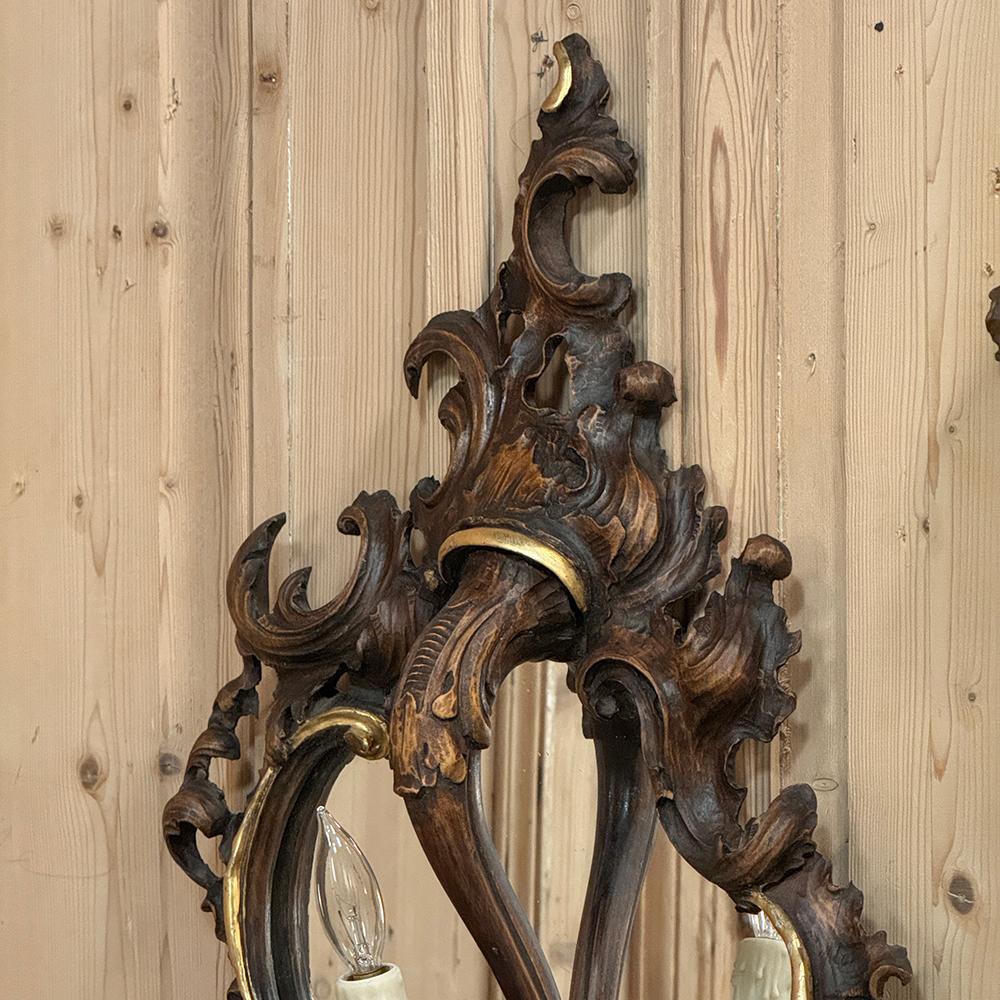 Pair Antique Italian Rococo Hand-Carved Mirrored Wall Sconces For Sale 12