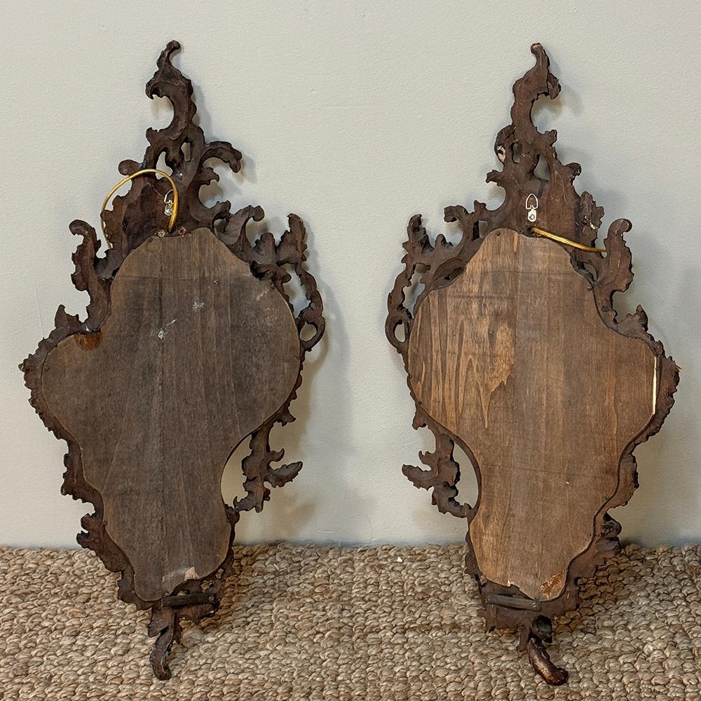 Pair Antique Italian Rococo Hand-Carved Mirrored Wall Sconces For Sale 15