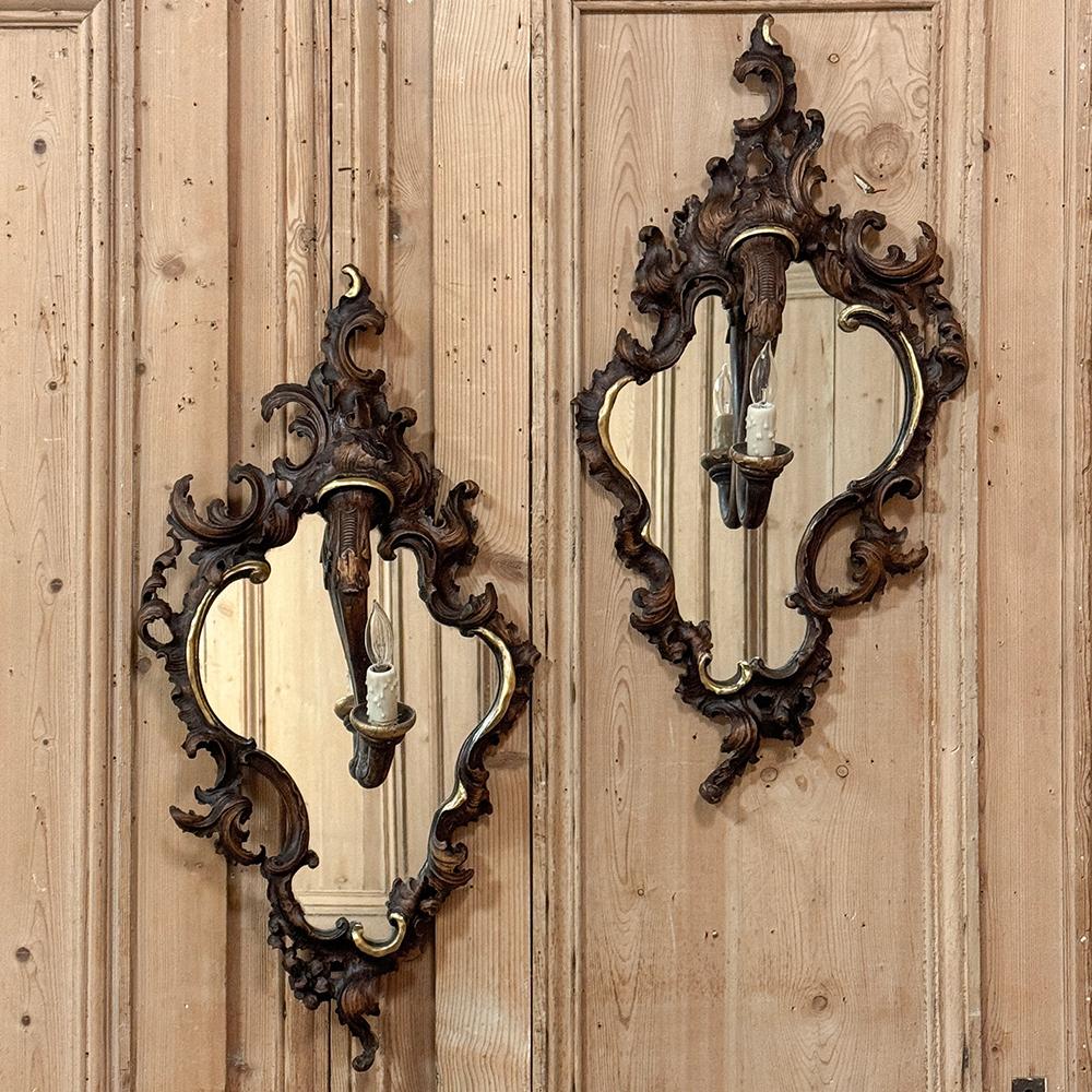 19th Century Pair Antique Italian Rococo Hand-Carved Mirrored Wall Sconces For Sale