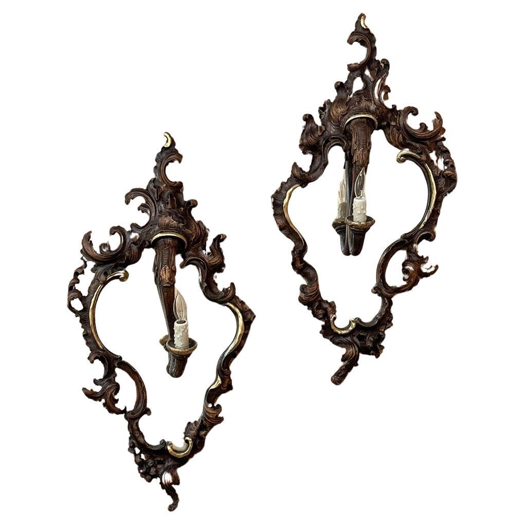 Pair Antique Italian Rococo Hand-Carved Mirrored Wall Sconces