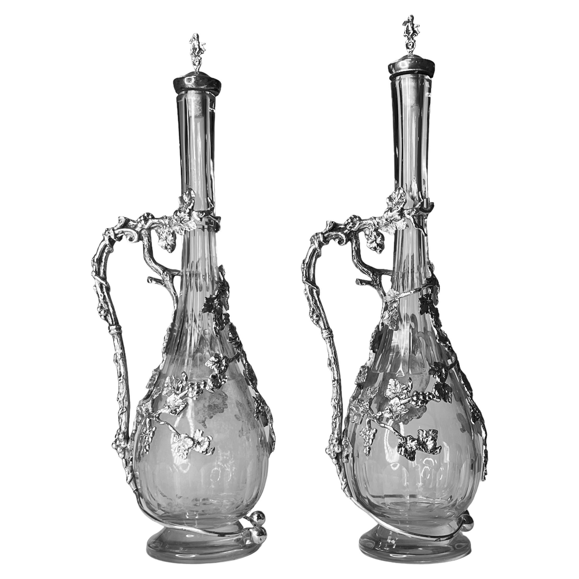 Pair Antique Italian Silvered Glass Wine Decanters