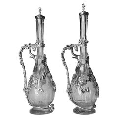 Pair Antique Italian Silvered Glass Wine Decanters