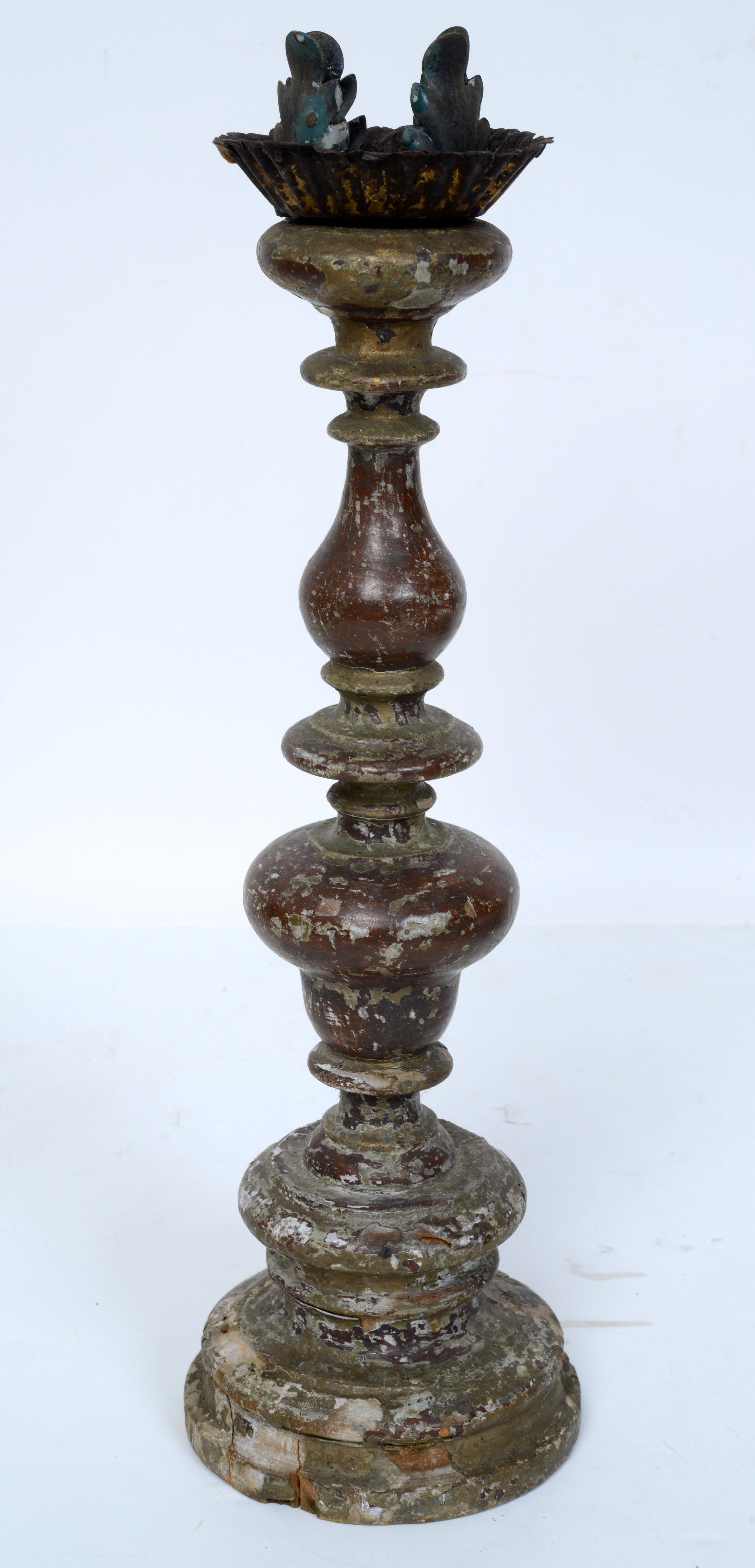 Pair Antique Italian Turned & Paint Decorated Wooden Candlesticks Late 18th c In Good Condition For Sale In valatie, NY