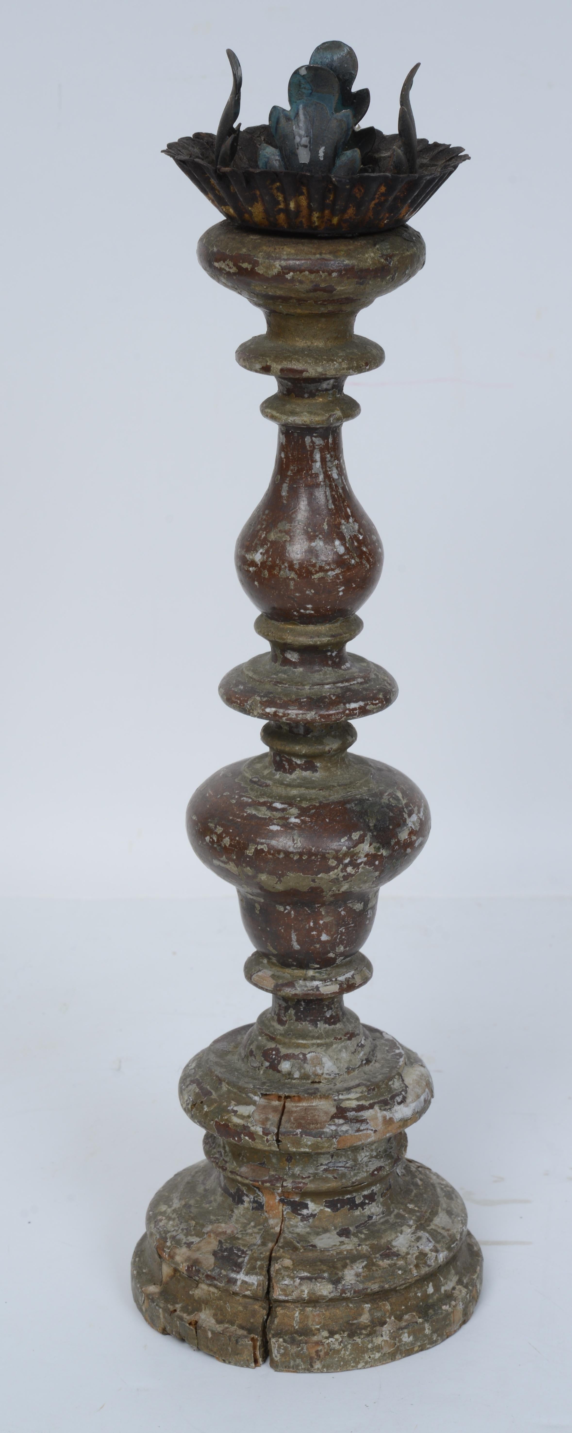 18th Century Pair Antique Italian Turned & Paint Decorated Wooden Candlesticks Late 18th c For Sale