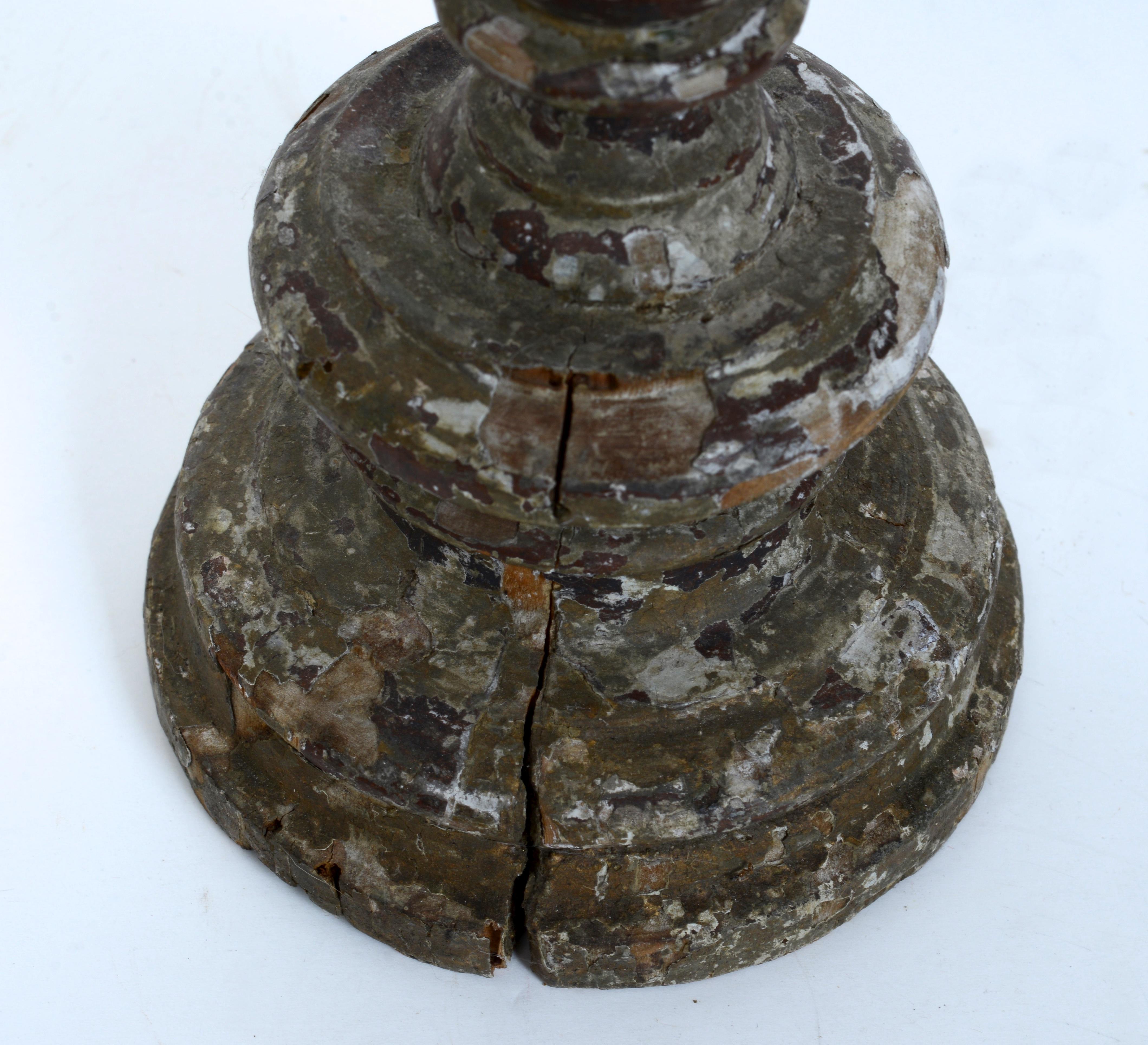 Pair Antique Italian Turned & Paint Decorated Wooden Candlesticks Late 18th c For Sale 1