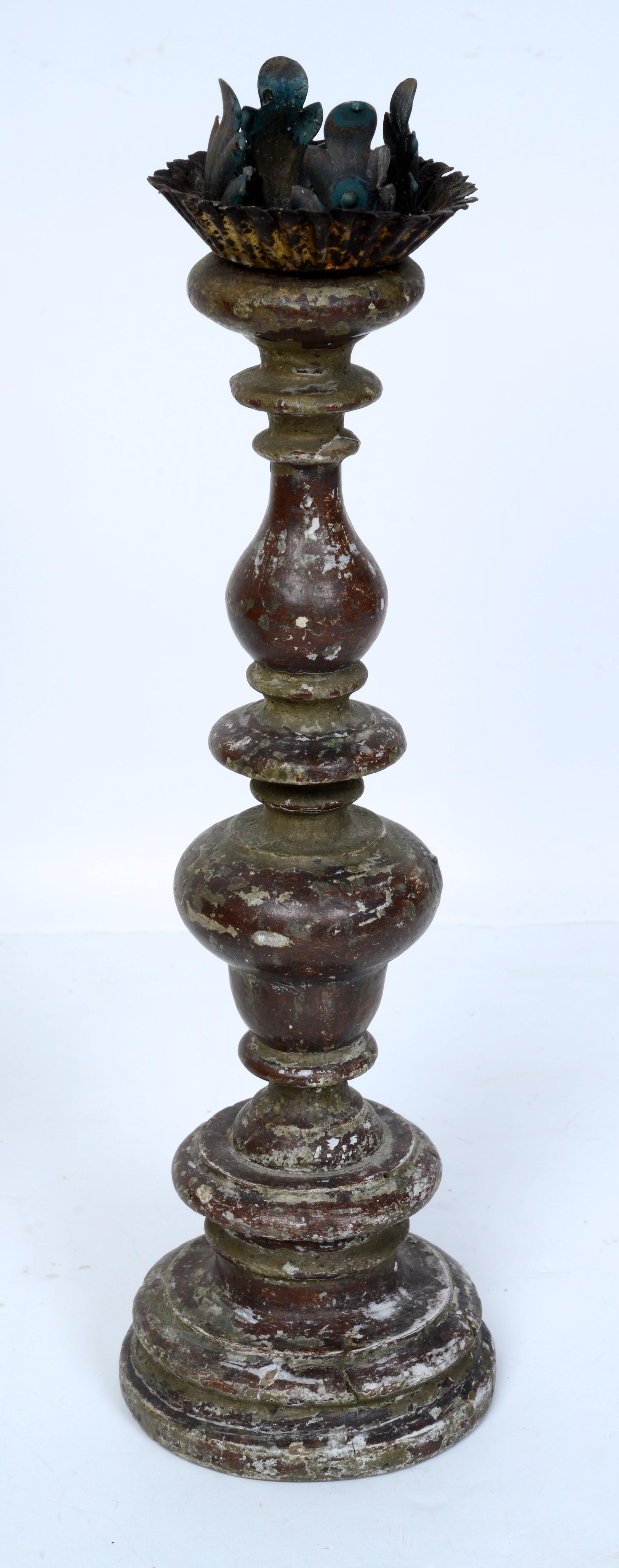 Pair Antique Italian Turned & Paint Decorated Wooden Candlesticks Late 18th c For Sale 3