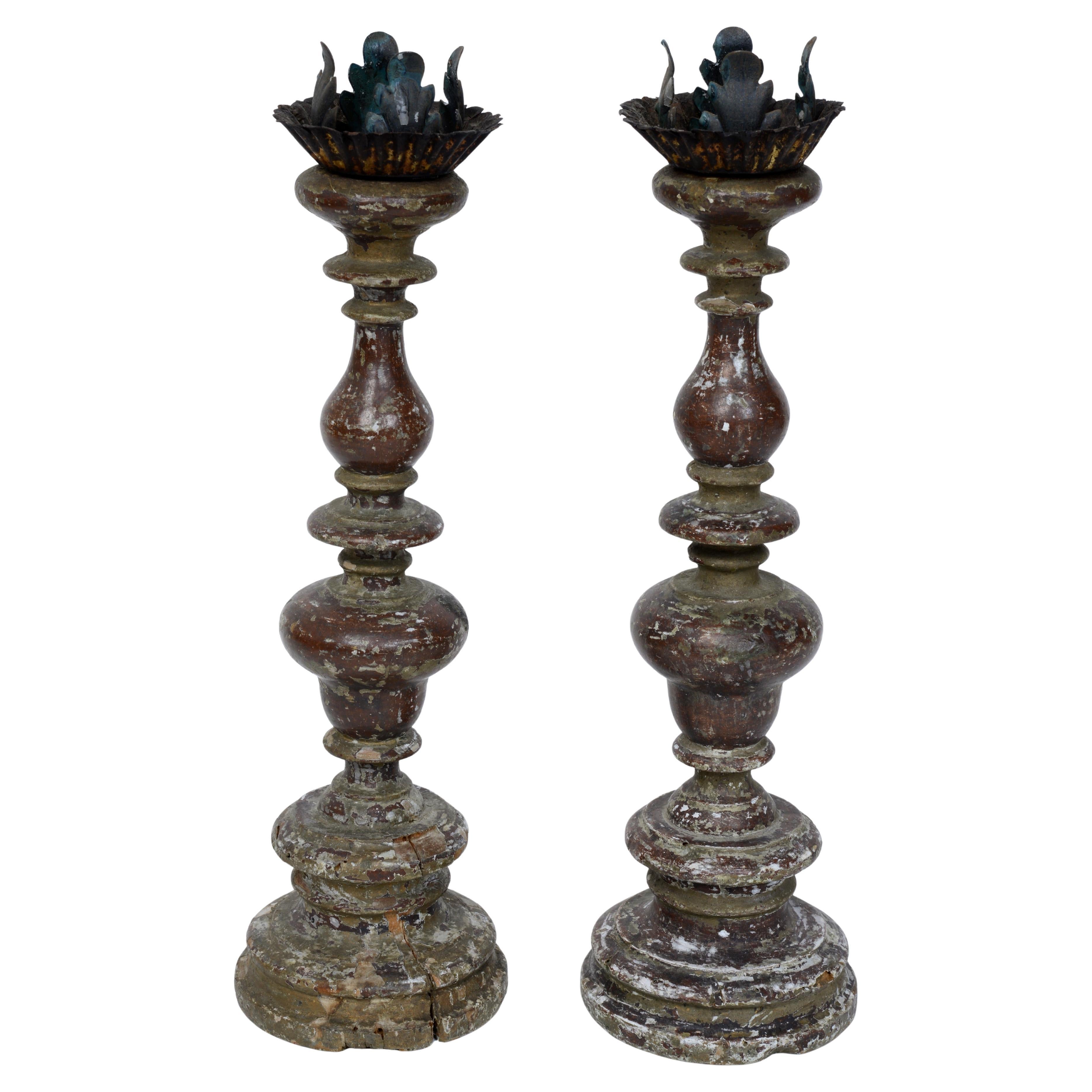 Pair Antique Italian Turned & Paint Decorated Wooden Candlesticks Late 18th c For Sale