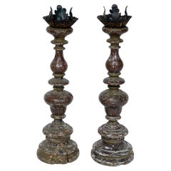 Pair Antique Italian Turned & Paint Decorated Wooden Candlesticks Late 18th c