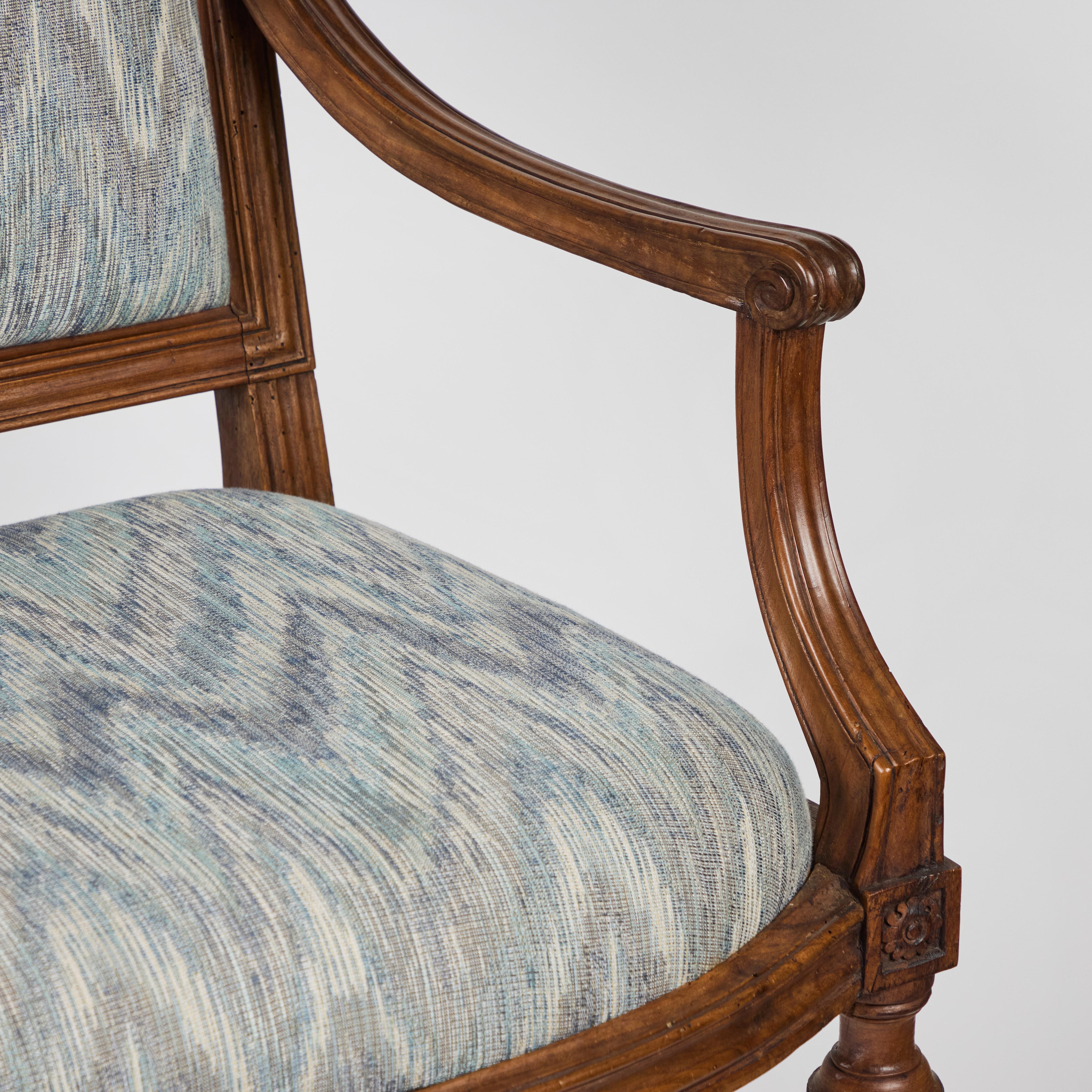 Fabric Pair Antique Italian Walnut Armchairs For Sale