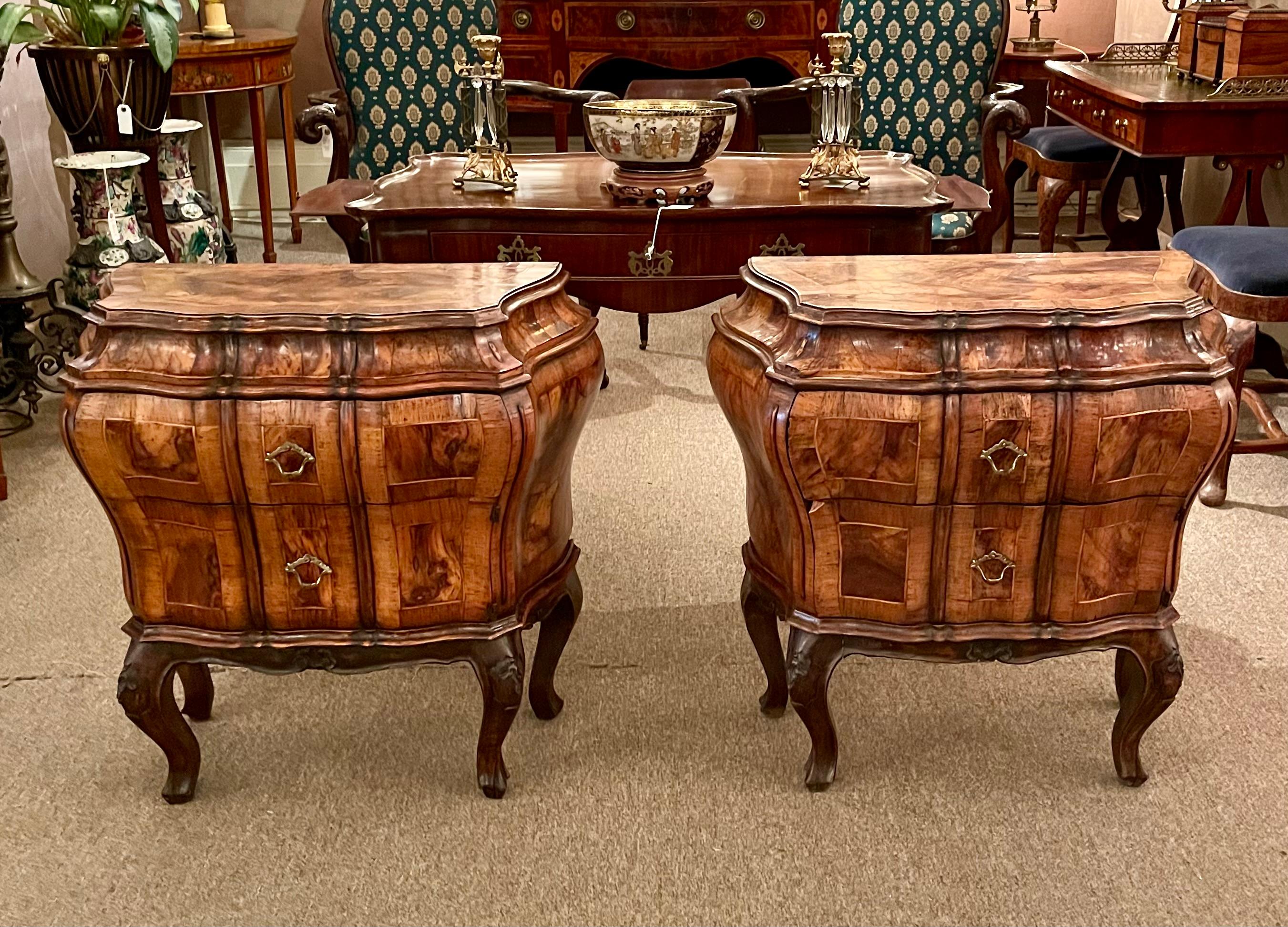 Pair Antique Italian Walnut Bombe Chests, Circa 1920's. For Sale 11